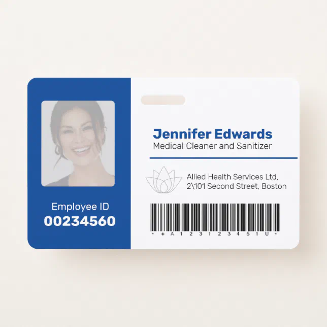 Employee identification ID barcode photo dark blue Badge | Zazzle