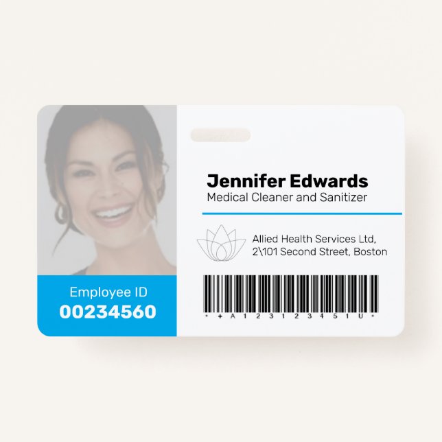 Employee large photo ID and barcode blue Badge (Front)