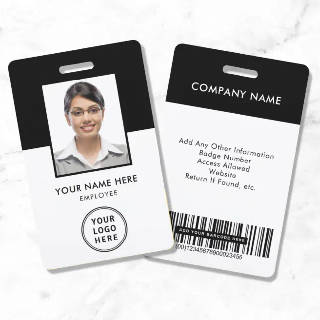 Employee Logo Bar Code Black Photo ID Badge | Zazzle