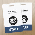 Employee Logo Staff Tag Front and Back The Same Badge<br><div class="desc">Easily personalize this Custom Administrative professional Name Badge without photo and large business logo. A simple business design the front and back printed the Same in navy blue and white colors fully customizable in front and back sizes, sans-serif basic and modern fonts and a professional and clear look, perfect for...</div>