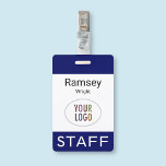 Employee Name Badge Custom Business Logo Staff Tag<br><div class="desc">Personalize our professional employee name badge with your company logo, employee name, or other custom text. It's pvc plastic and available with a metal clip, lanyard, or a retractable reel. This is a navy blue name badge with a modern minimalist design. You can easily customize the colors, fonts, and design...</div>
