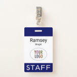 Employee Name Badge Custom Business Logo Staff Tag<br><div class="desc">Personalize this employee name badge with your company logo, employee name, or other custom text. It's pvc plastic and available with a metal clip, lanyard, or a retractable reel. This is a navy blue name badge with a modern minimalist design. You can easily customize the colors, fonts, and design to...</div>
