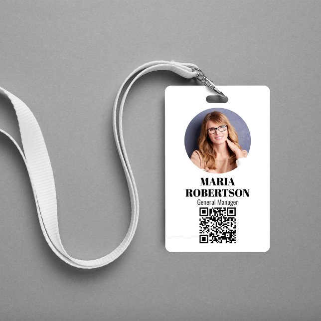 Employee Name Badge Minimalist Photo QR Code (Simple business ID badge with a scannable QR code. )