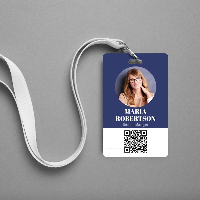 Employee Name Badge Minimalist Photo QR Code Blue (Simple business ID badge with a scannable QR code. )