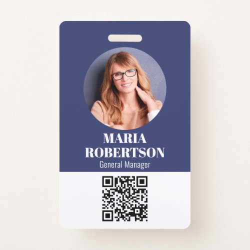 Employee Name Badge Minimalist Photo QR Code Blue