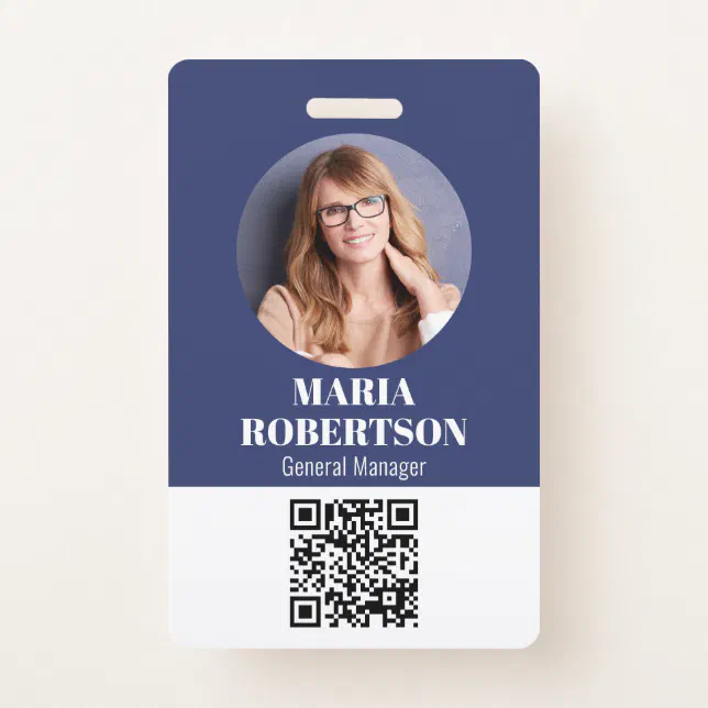 Employee Name Badge Minimalist Photo QR Code Blue | Zazzle