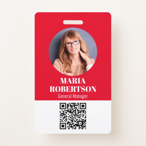 Employee Name Badge Minimalist Photo QR Code Red