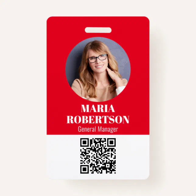 Employee Name Badge Minimalist Photo QR Code Red Zazzle