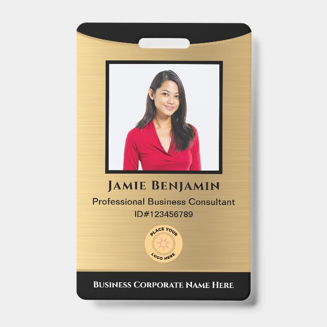 Employee Name Photo Bar Code Logo Gold Black Badge (Front)
