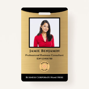 Employee Name Photo Bar Code Logo Gold Black Badge