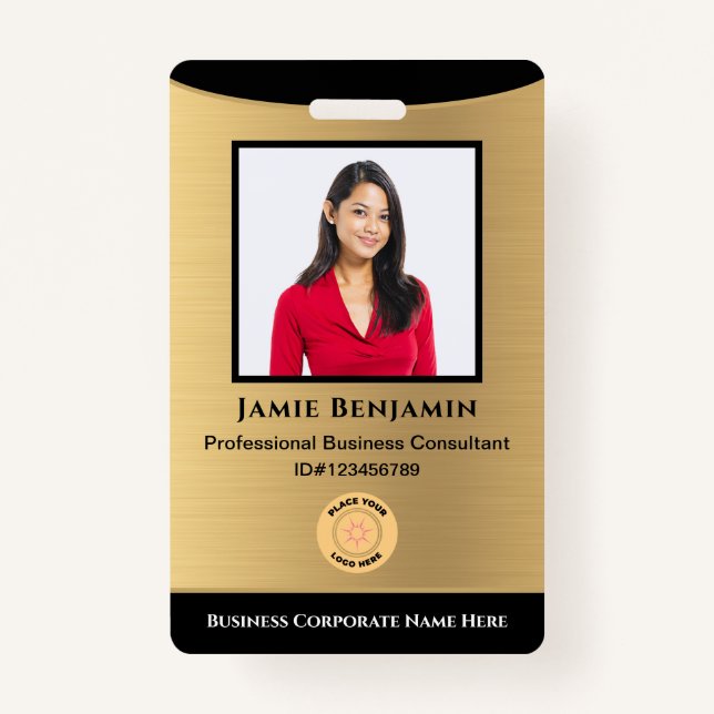 Employee Name Photo Bar Code Logo Gold Black Badge (Front)