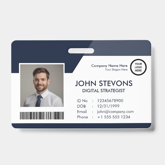 Employee Name & Photo Navy Blue Qr Code Badge (Front)