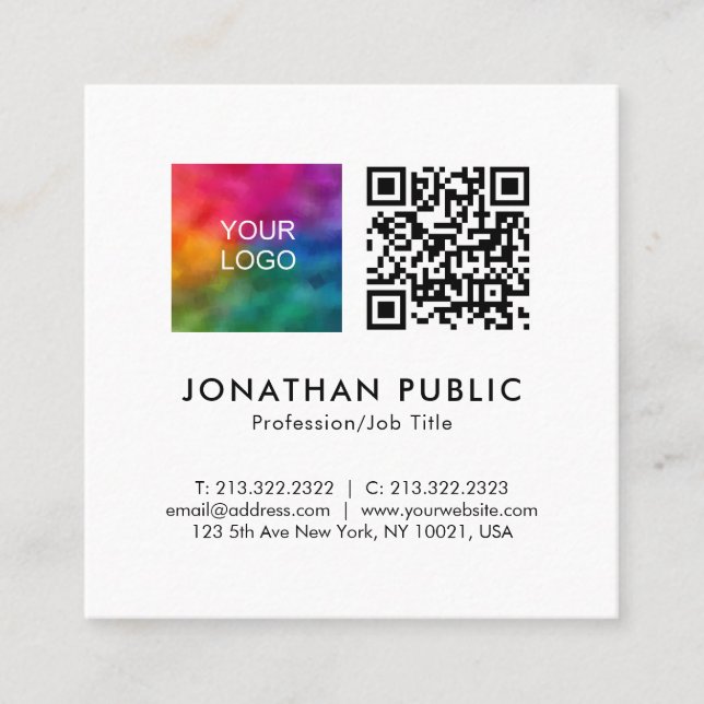 Employee Name QR Code Business Logo Here Template Square Business Card (Front)