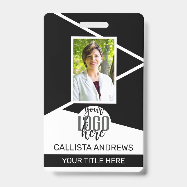 Employee Name Title Barcode Logo Black Geo ID Badge (Front)