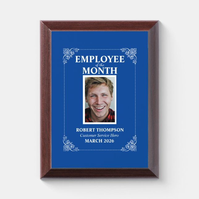 Employee of The Month Blue and White Framed Award Plaque (Vertical)