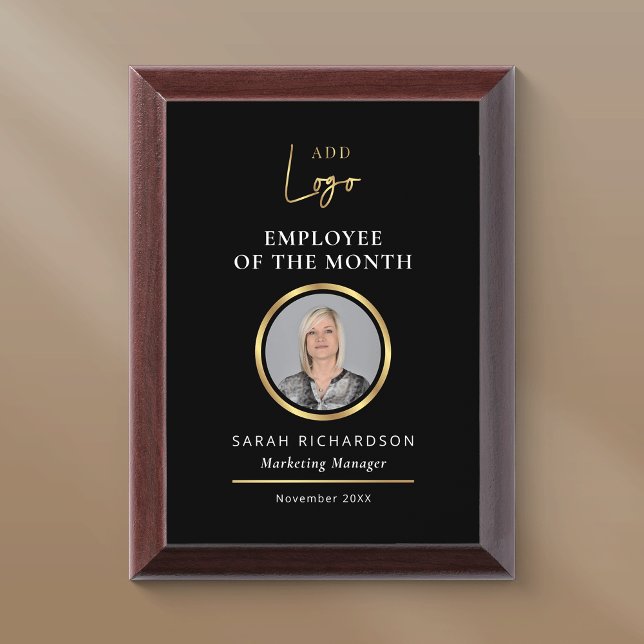 Employee Of The Month Business Logo Black & Gold Award Plaque (Black and gold logo company employee of the month award with photo)