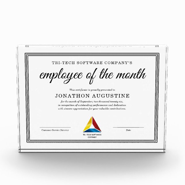 Employee of the Month Certificate Acrylic Award (Front)