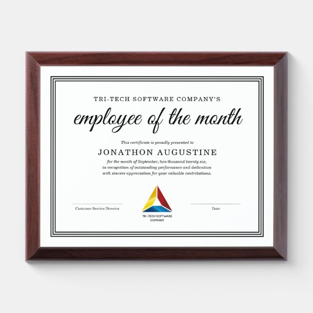 Employee of the Month Certificate Award Plaque (Horizontal)
