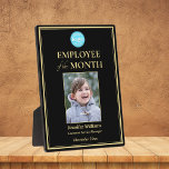 Employee of the Month Company Logo Photo Gold Plaque<br><div class="desc">Create your own custom, personalized, beautiful, elegant, professional, UV resistant gloss coating, black and faux gold, hardboard panel display plaque with attached easel stand, business office corporate employee recognition / appreciation, photo name logo award plaque. To personalize, enter the name of the employee / staff / executive, their designation, month...</div>