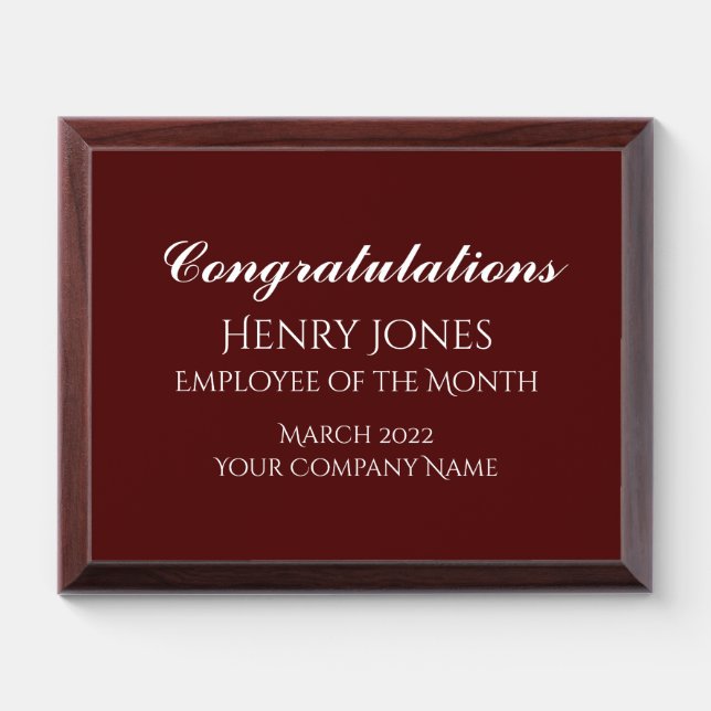 Employee Of The Month Company Recognition Custom Award Plaque (Horizontal)