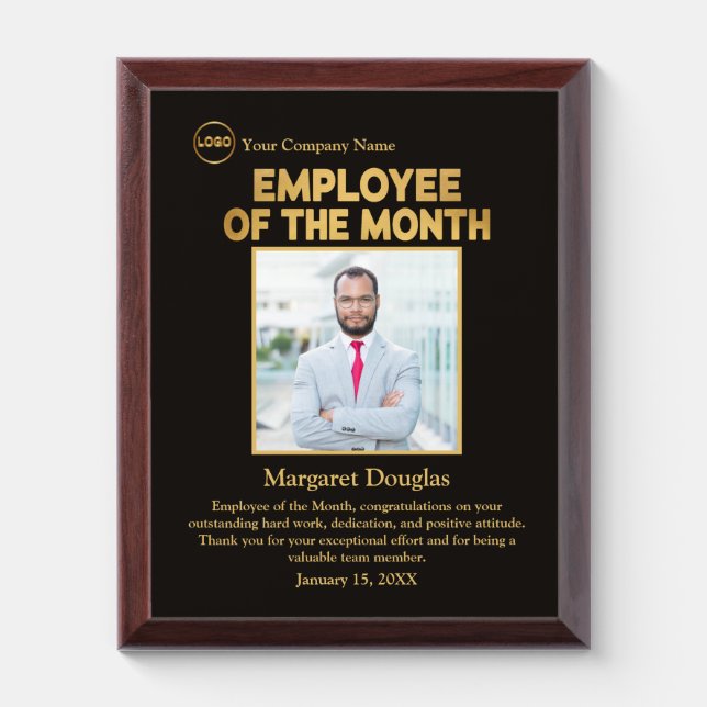 Employee of the Month Custom Photo | Gold & Black Award Plaque (Vertical)