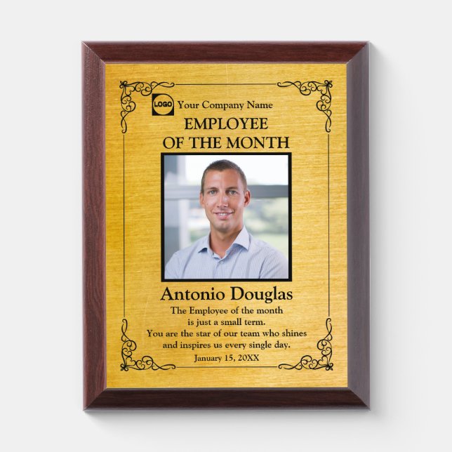 Employee of the Month Custom Photo | gold & black  Award Plaque (Vertical)