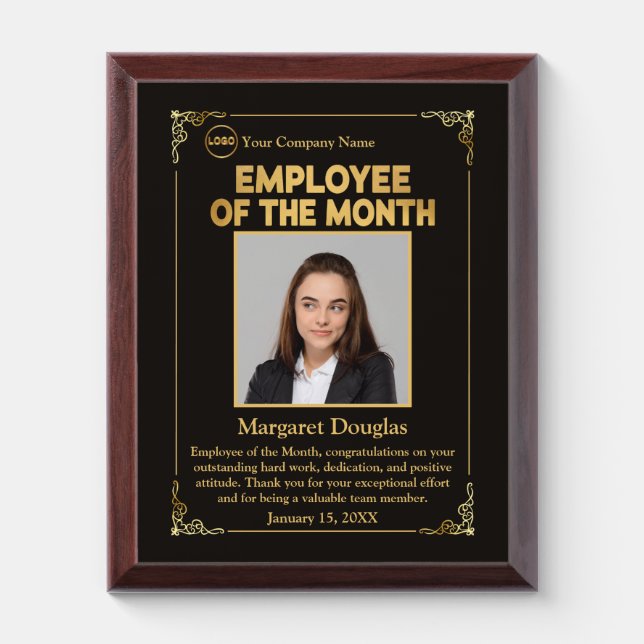 Employee of the Month Custom Photo | Gold & Black Award Plaque (Vertical)