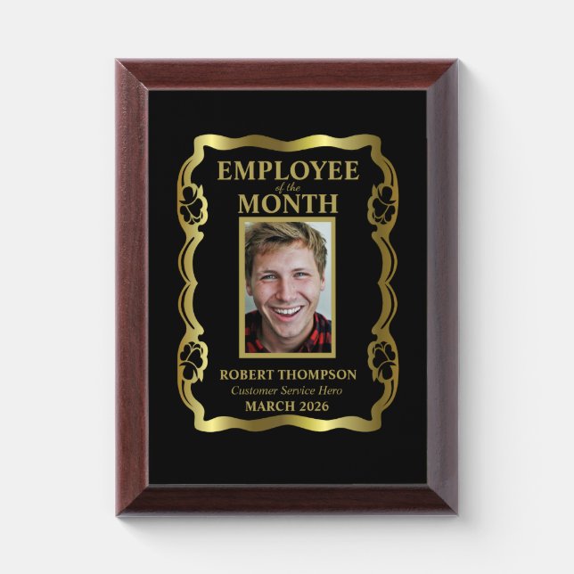 Employee of The Month Gold and Black Framed Award Plaque (Vertical)