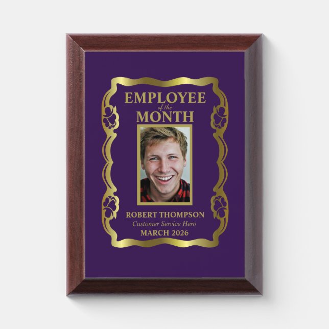 Employee of The Month Gold and Purple Framed Award Plaque (Vertical)