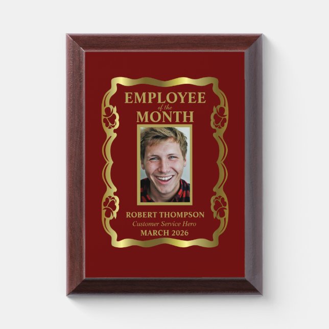 Employee of The Month Gold and Red Framed Award Plaque (Vertical)