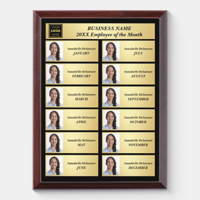 Employee of the Month One Year Summary Gold Award Plaque (Vertical)