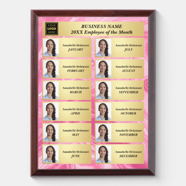 Employee of the Month One Year Summary Marble Pink Award Plaque (Vertical)