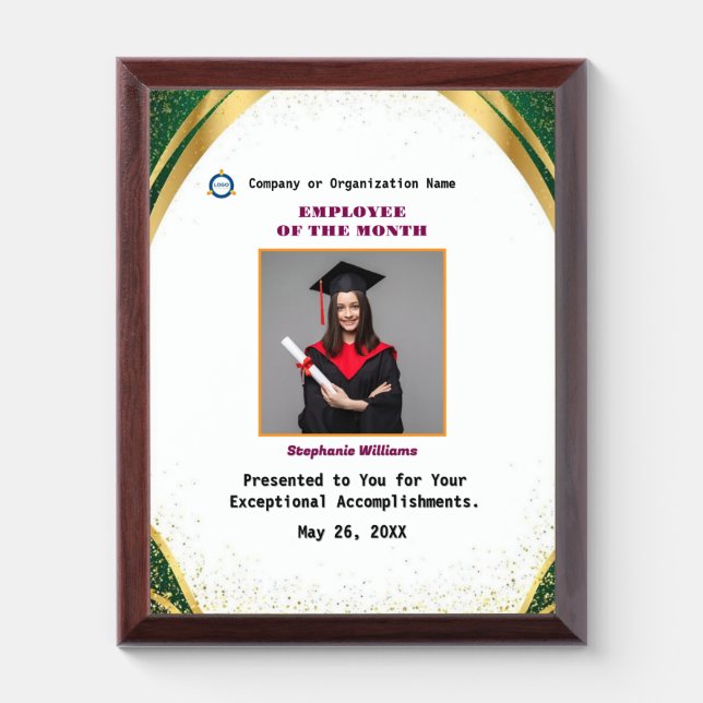 Employee Of The Month Photo Logo Gold Personalize  Award Plaque (Vertical)