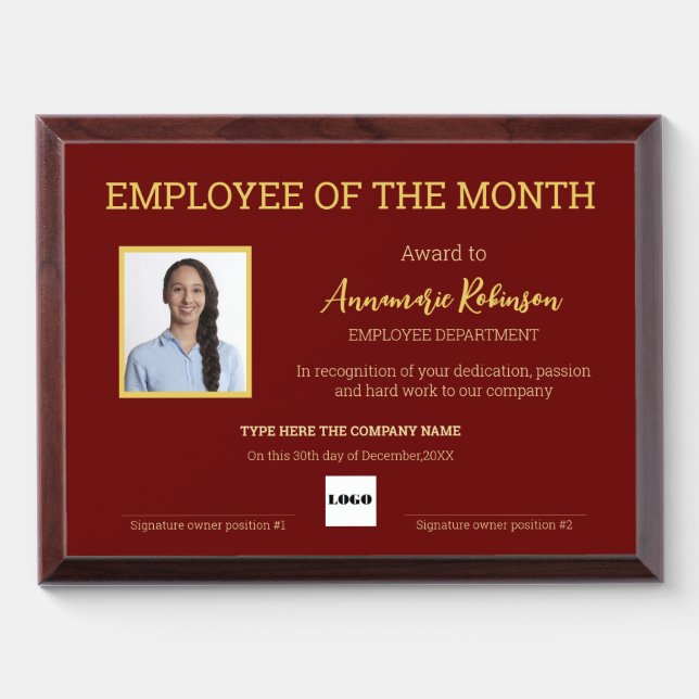 Employee of the month Red Wine & Gold Award Plaque (Horizontal)