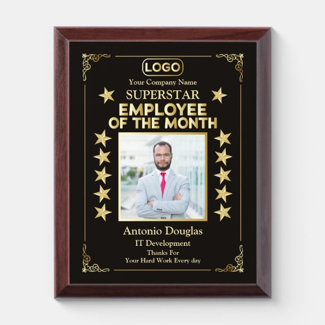 Employee of the Month Superstar Black Gold Photo Award Plaque (Vertical)
