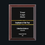 Employee of the Year and Your Logo Here Template Award Plaque<br><div class="desc">This award has a white display text template. There are lines for the award name (Shown: Employee of the Year), recipient's name, the employee's title, the company name, and the year the award is being presented. All text can be edited or deleted. At the top, there's also a display image...</div>