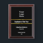 Employee of the Year and Your Logo Here Template Award Plaque<br><div class="desc">This award has a white display text template. There are lines for the award name (Shown: Employee of the Year), recipient's name, the employee's title, the company name, and the year the award is being presented. All text can be edited or deleted. At the top, there's also a display image...</div>