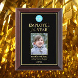 Employee of the Year Company Logo Photo Black Gold Award Plaque<br><div class="desc">Create your own custom, personalized, beautiful, elegant, professional, high quality, glossy finish, black and faux gold, cherry wood colored MDF frame, business office corporate employee recognition / appreciation, photo name logo award plaque. To personalize, enter the name of the employee / staff / executive, their designation, year, and add the...</div>