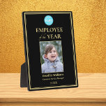 Employee of the Year Company Logo Photo Black Gold Plaque<br><div class="desc">Create your own custom, personalized, beautiful, elegant, professional, UV resistant gloss coating, black and faux gold, hardboard panel display plaque with attached easel stand, business office corporate employee recognition / appreciation, photo name logo award plaque. To personalize, enter the name of the employee / staff / executive, their designation, month...</div>
