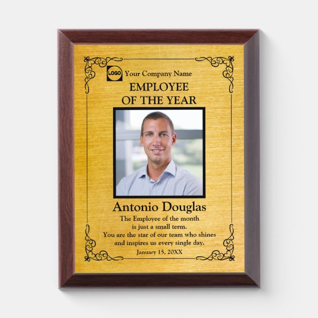 Employee of the Year Custom Photo | gold & black Award Plaque (Vertical)