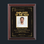 Employee of the Year Custom Photo Recognition Award Plaque<br><div class="desc">Celebrate exceptional achievement with this elegant Employee of the Year custom photo design, featuring a sophisticated black background, decorative gold flourishes, and a timeless layout that highlights both the employee’s photo and personalized text. Add your company name or logo, the recipient’s name, a heartfelt message, and the date to create...</div>