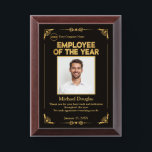 Employee of the Year Custom Photo Recognition Award Plaque<br><div class="desc">Celebrate exceptional achievement with this elegant Employee of the Year custom photo design, featuring a sophisticated black background, decorative gold flourishes, and a timeless layout that highlights both the employee’s photo and personalized text. Add your company name or logo, the recipient’s name, a heartfelt message, and the date to create...</div>