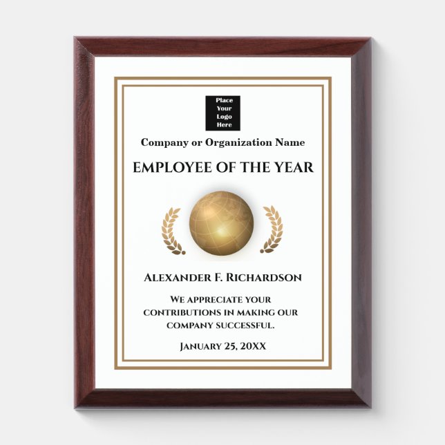 Employee Of The Year Logo Gold White  Award Plaque (Vertical)