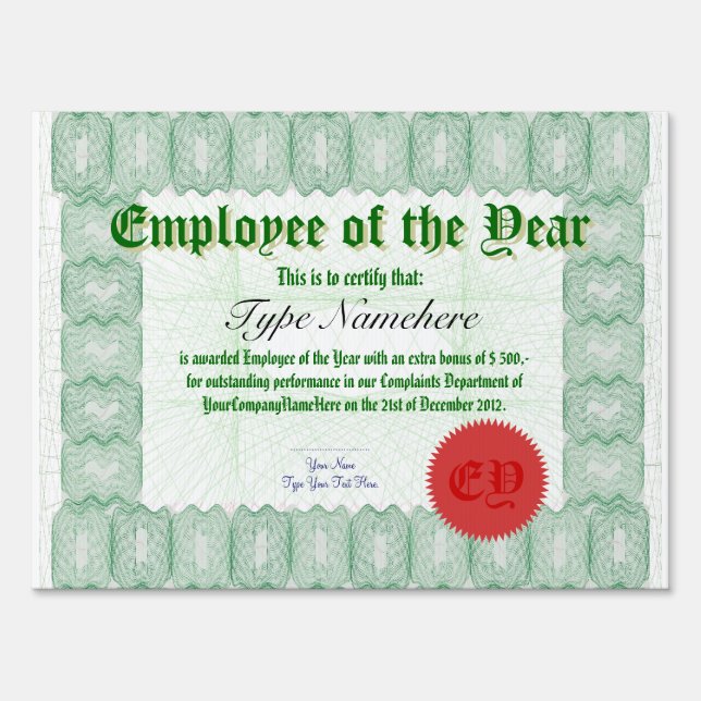 Employee of the Year Presentation Check Sign (Front)