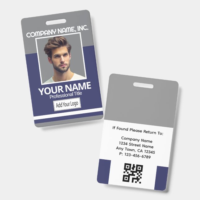 Employee Photo Badge-Gray, White, Navy Blue Badge (Front & Back)