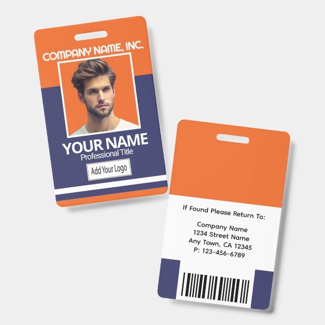 Employee Photo Badge-Orange, White, Navy Blue Badge (Front & Back)
