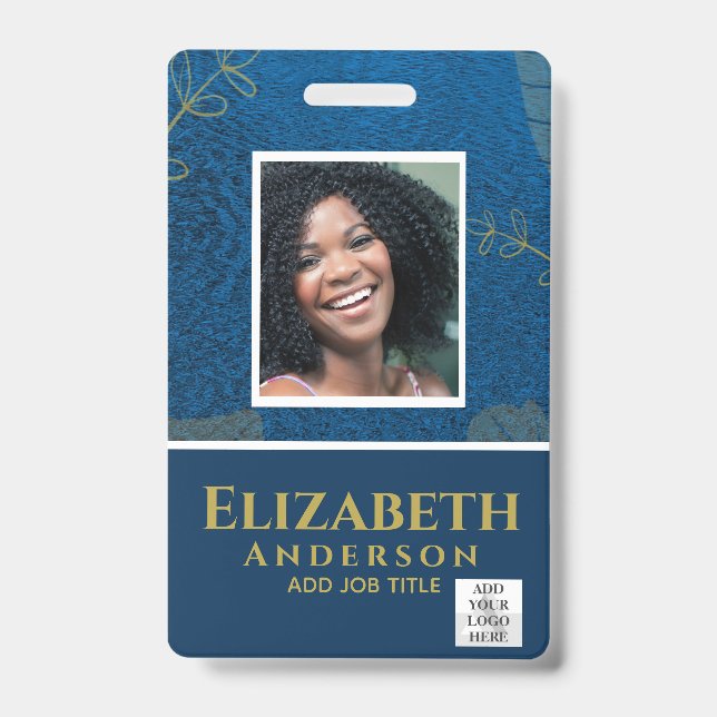 EMPLOYEE PHOTO BADGE QR Code Barcode Blue Gold (Front)