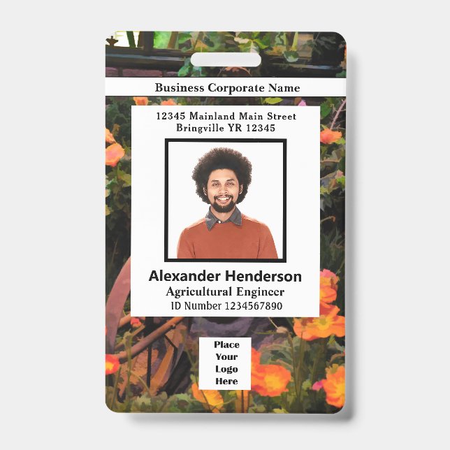 Employee Photo Bar Code Logo Name Flowers Badge (Front)
