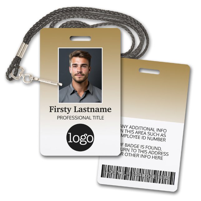 Employee - Photo, Bar Code, Logo, Name Gradient Badge (Employee Badge with Gradient Background. Add a photo and logo to this name tag with gold accents.)
