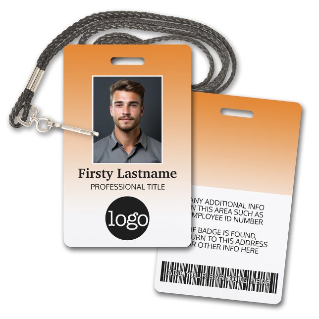 Employee - Photo, Bar Code, Logo, Name Gradient Badge (Employee Badge with Gradient Background. Add a photo and logo to this name tag with orange accents.)